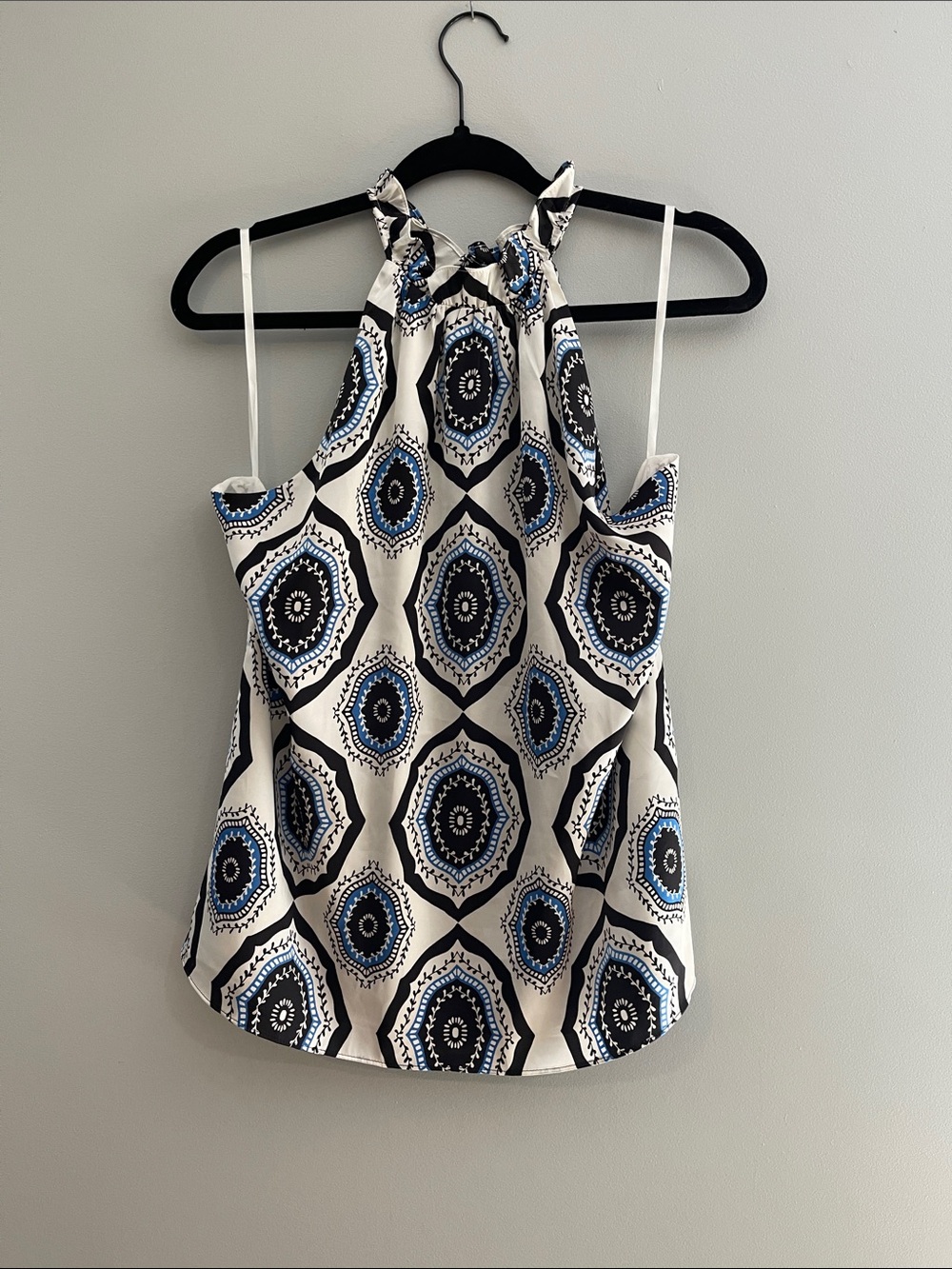 White House Black Market Cream Halter Tank with Black and Blue Medallion Print